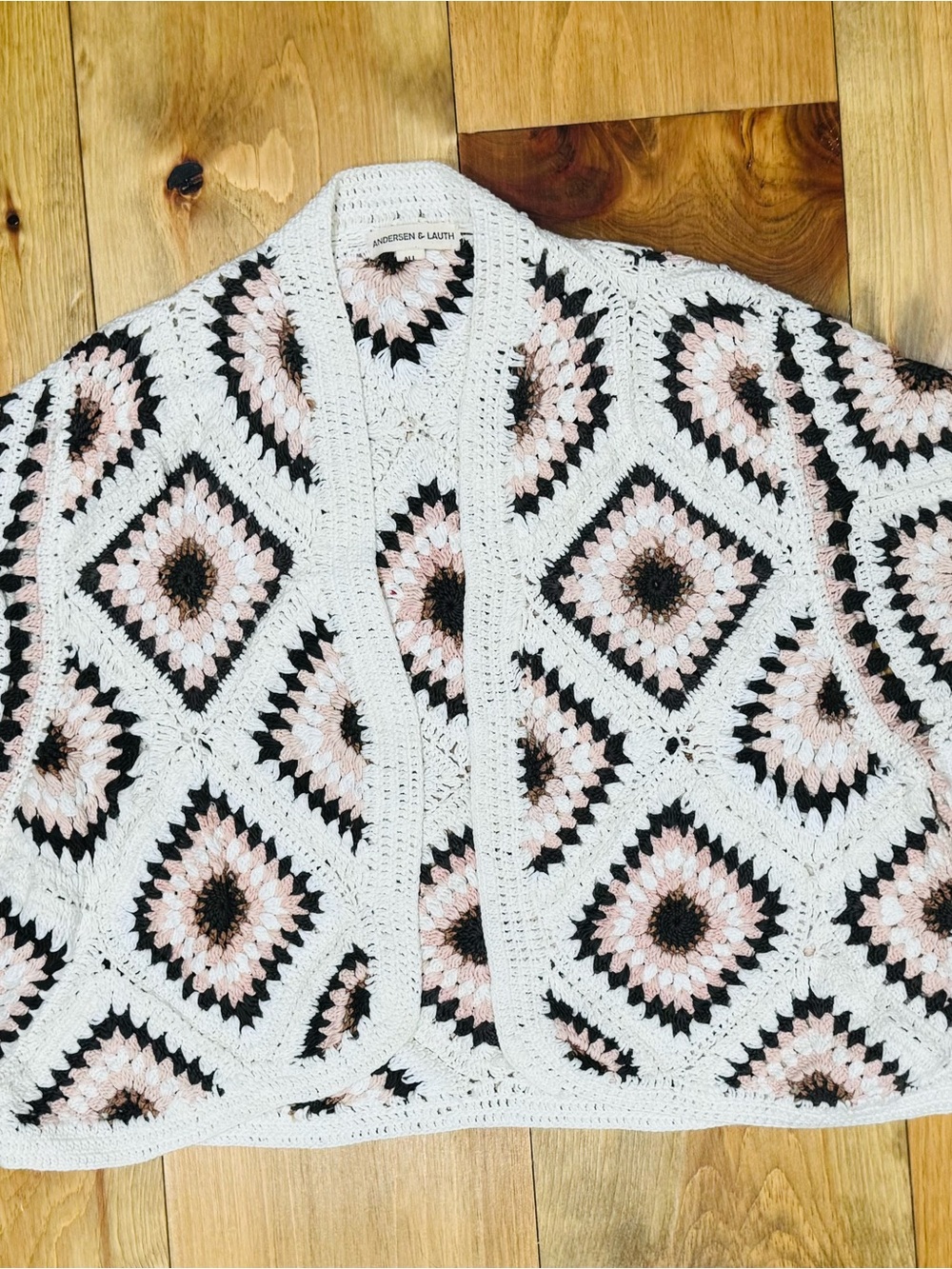 Anthropologie White, Pink & Black Crocheted Granny-Square Cardigan
